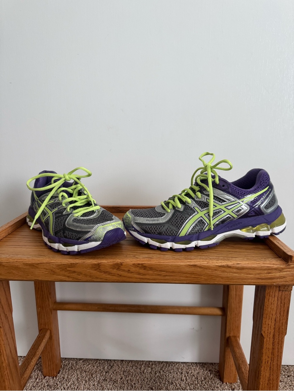 ASICS Women's Gel Kayano Running Shoes in Gray and Purple with Lime Accents